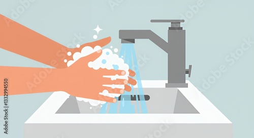 A simple, clean illustration depicting hands being washed with soap suds under a faucet in a bathroom sink.