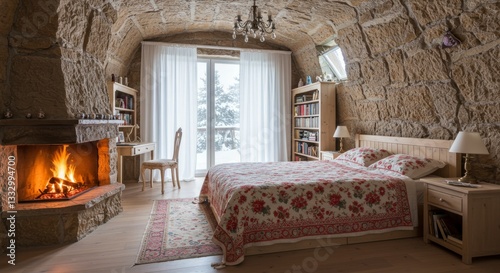 Cozy Bedroom with Stone Wall and Fireplace photo