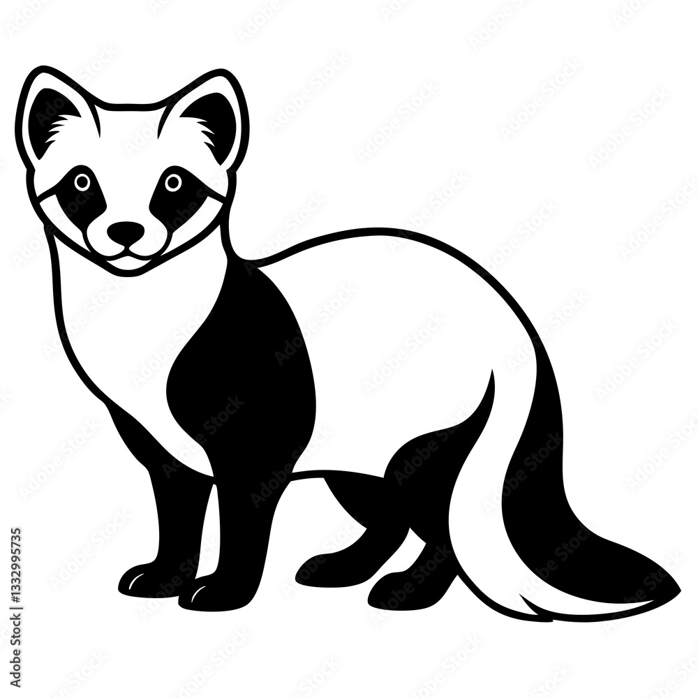 a cute ferret standing with friendly face and looking forward, in black and white style vector illustration