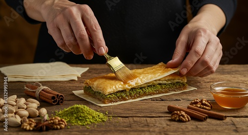 Hands brushing baklava with honey syrup, showcasing delicious Middle Eastern dessert.