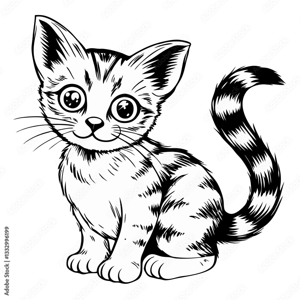 Obraz premium cute cat illustration sitting in black and white style 