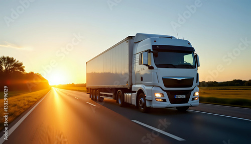 Commercial truck driving into a radiant sunset - modern transportation solutions photo