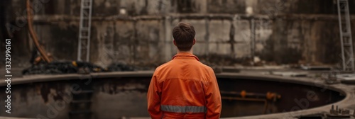 A worker in protective gear stands in front of an industrial site, symbolizing safety, diligence, and the importance of protective measures in the workplace environment.