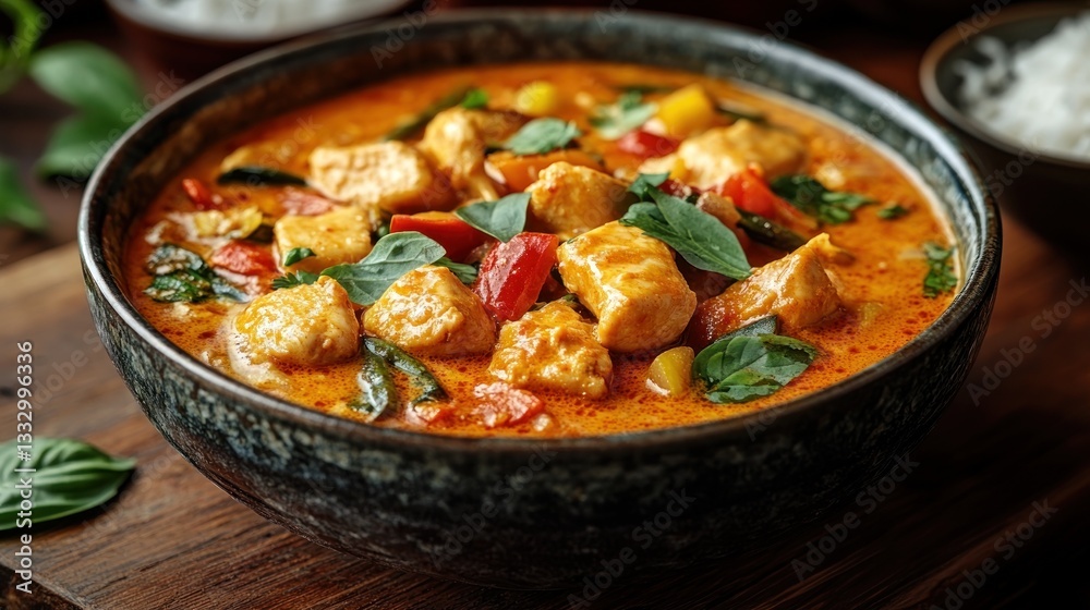 Thai red chicken curry in bowl with rice on wooden table Thai red chicken curry in bowl with rice on wooden table