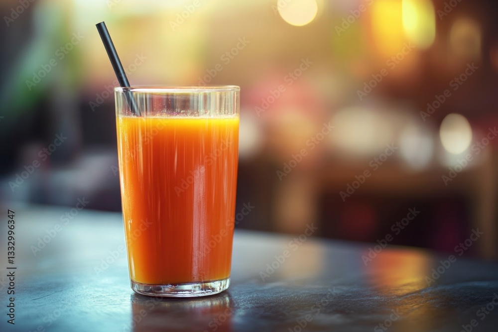 Refreshing orange juice drink in tall glass with black straw on dark table, blurred background Refreshing orange juice drink in tall glass with black straw on dark table, blurred background