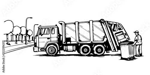 Garbage truck collecting waste in an urban street scene  