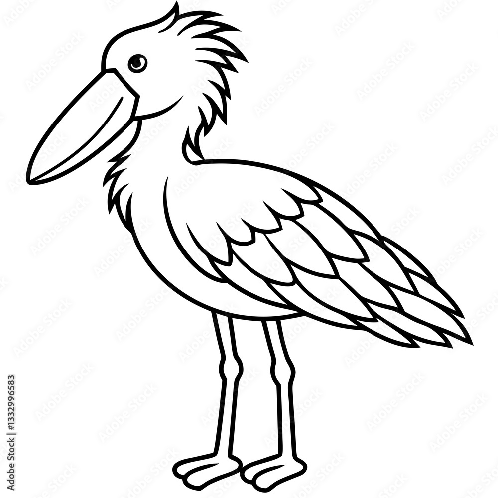 Obraz premium line drawing of a shoebill stork, a unique bird with a distinctive beak and feathery crest. The illustration is in black and white, ideal for coloring pages or educational materials