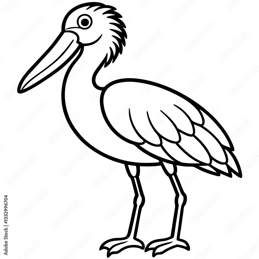 Fototapeta premium a black and white line art of a stork standing. The stork has a long beak and thin legs, perfect for coloring and artistic projects vector illustration