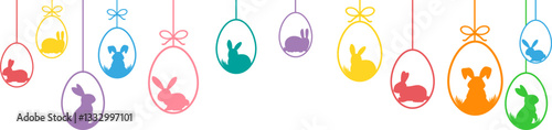 Hanging easter eggs seamless border .Set of simple colorful eggs. Happy Easter seamless pattern or border. Easter decoration with painted eggs and rabbits.