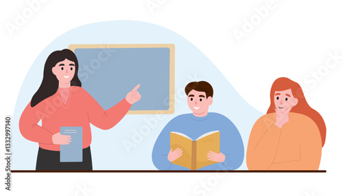 The teacher explains the lesson on the background of the board. Students listen, learn. Vector flat graphics.