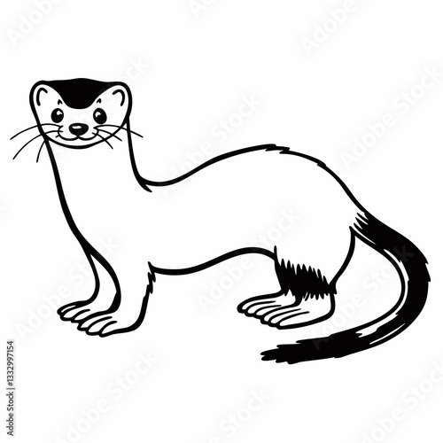 an illustration of a sleek white ermine with black-tipped tail and paws standing in a curious pose, looking at camera