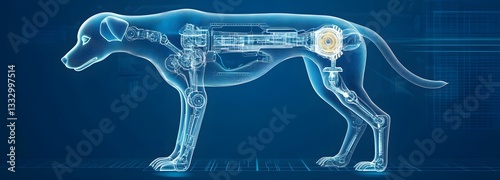 A sci-fi robot dog blueprint with articulated legs, built-in sensors, and an AI core.