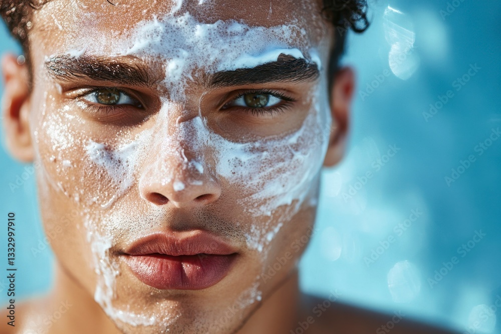 Handsome Latino Man with White Facial Mask Against a Blue Backdrop Handsome Latino Man with White Facial Mask Against a Blue Backdrop