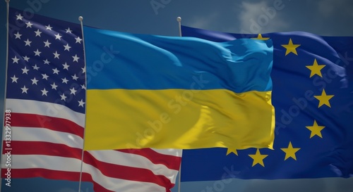 United States and European Union Flags Waving Together photo