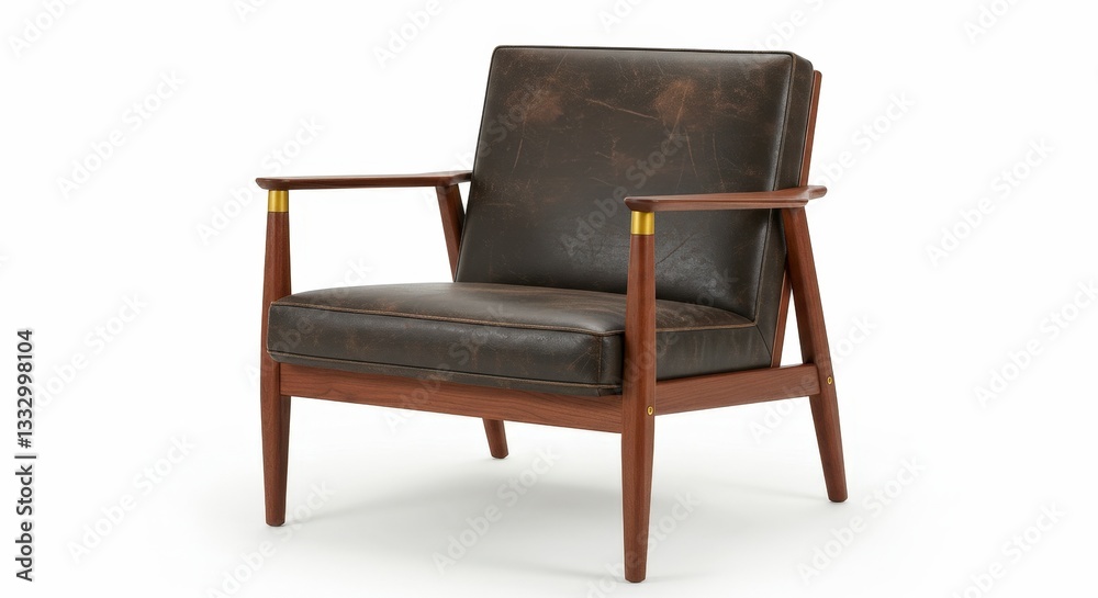 Brown leather and wood armchair with gold accents. Brown leather and wood armchair with gold accents.
