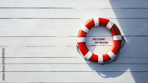 Welcome on Board Red and White Lifebuoy Against Wooden Planks for Nautical Safety and Decorati
