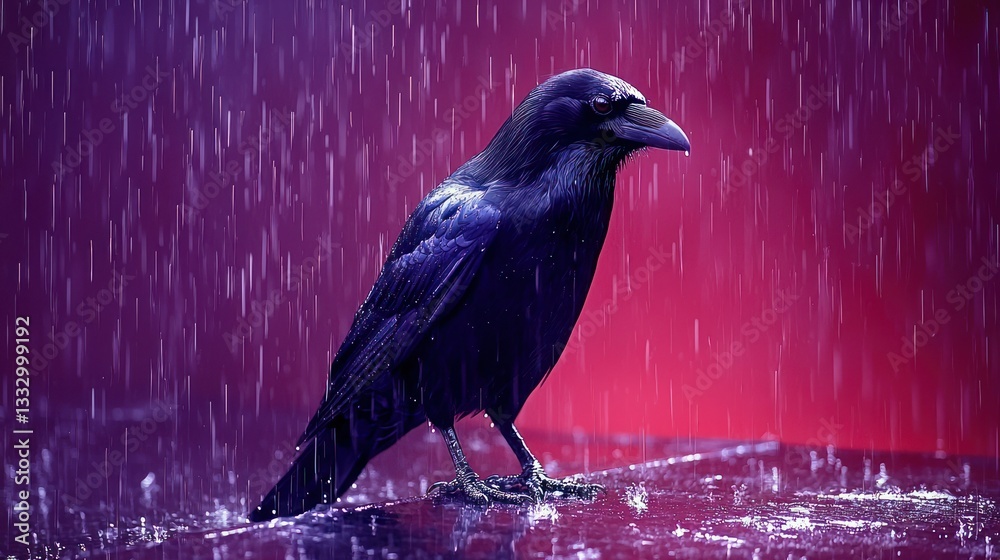 Fototapeta premium Raven perched under rain against colorful background. Moody and atmospheric
