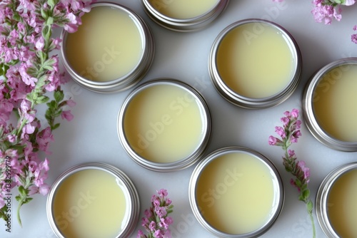 A collection of natural lip balm tins surrounded by pink flowers on a white background. photo