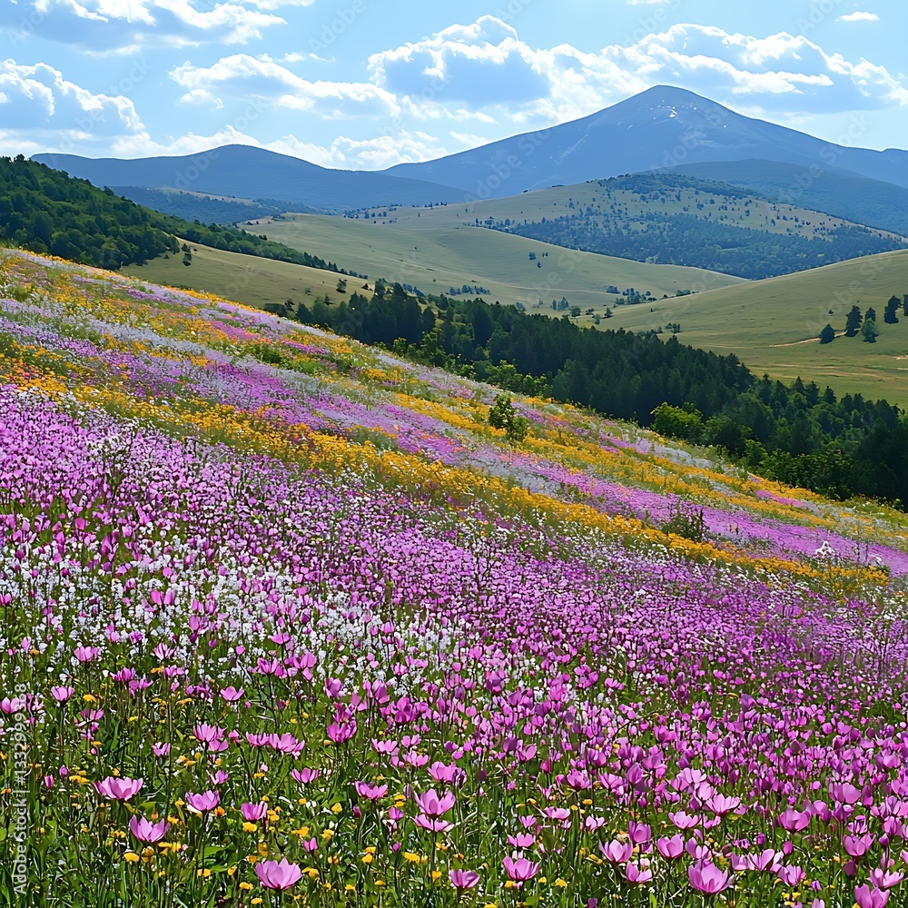 Fototapeta premium A vibrant hillside covered with colorful wildflowers and distant mountains