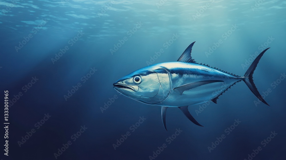 Fototapeta premium Tuna Fish Swimming Underwater in Blue Ocean Depths Illustration
