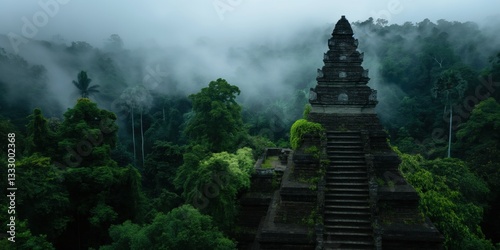 Fototapeta Naklejka Na Ścianę i Meble -  A captivating ancient temple rises through thick jungle mist, blending history and nature seamlessly, evoking a sense of mystery and celestial beauty in a tranquil environment.