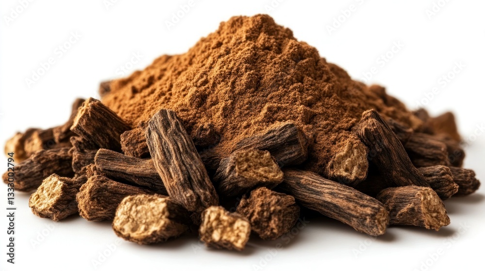 Pile of ground and whole licorice root on white background Pile of ground and whole licorice root on white background