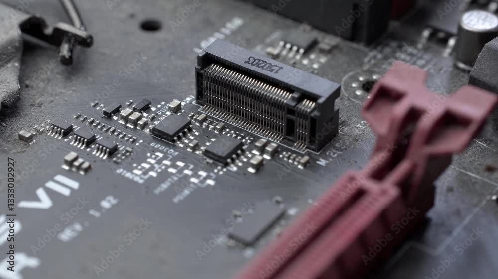 Macro close up of a modern computer gaming motherboard
Macro close up of a modern computer gaming motherboard