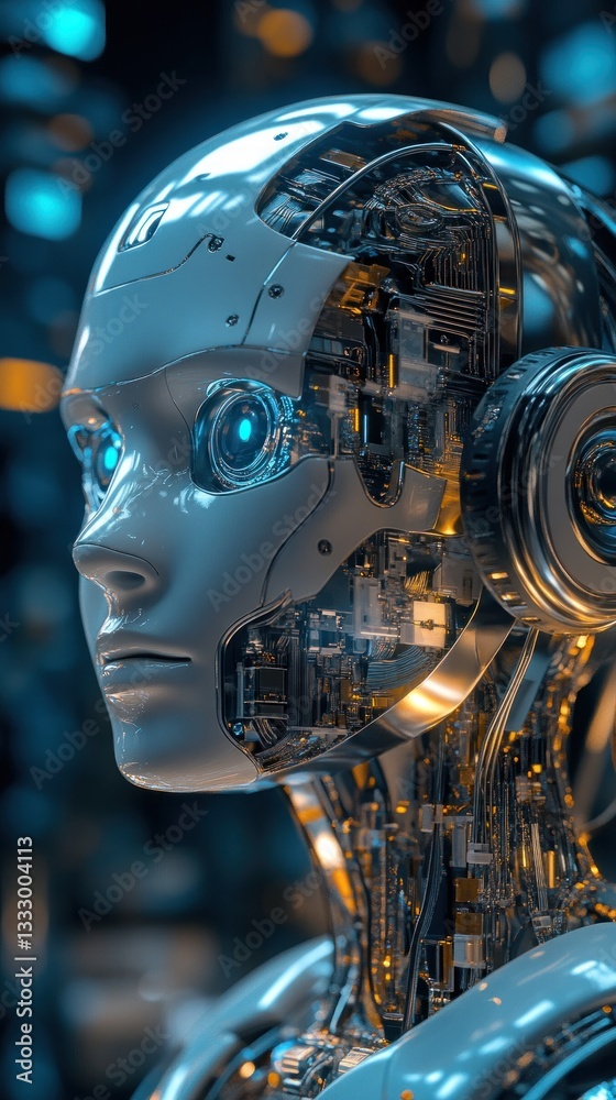 Futuristic robot with glowing blue eyes in tech city Futuristic robot with glowing blue eyes in tech city