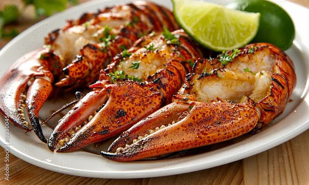 Grilled lobster tails garnished with herbs and lime, served on a wooden table in a cozy restaurant Grilled lobster tails garnished with herbs and lime, served on a wooden table in a cozy restaurant