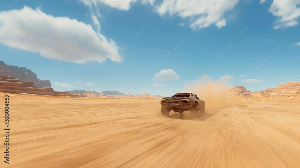 Dynamic vehicle driving boldly across a vast, shimmering sandy desert road under radiant blazing sun