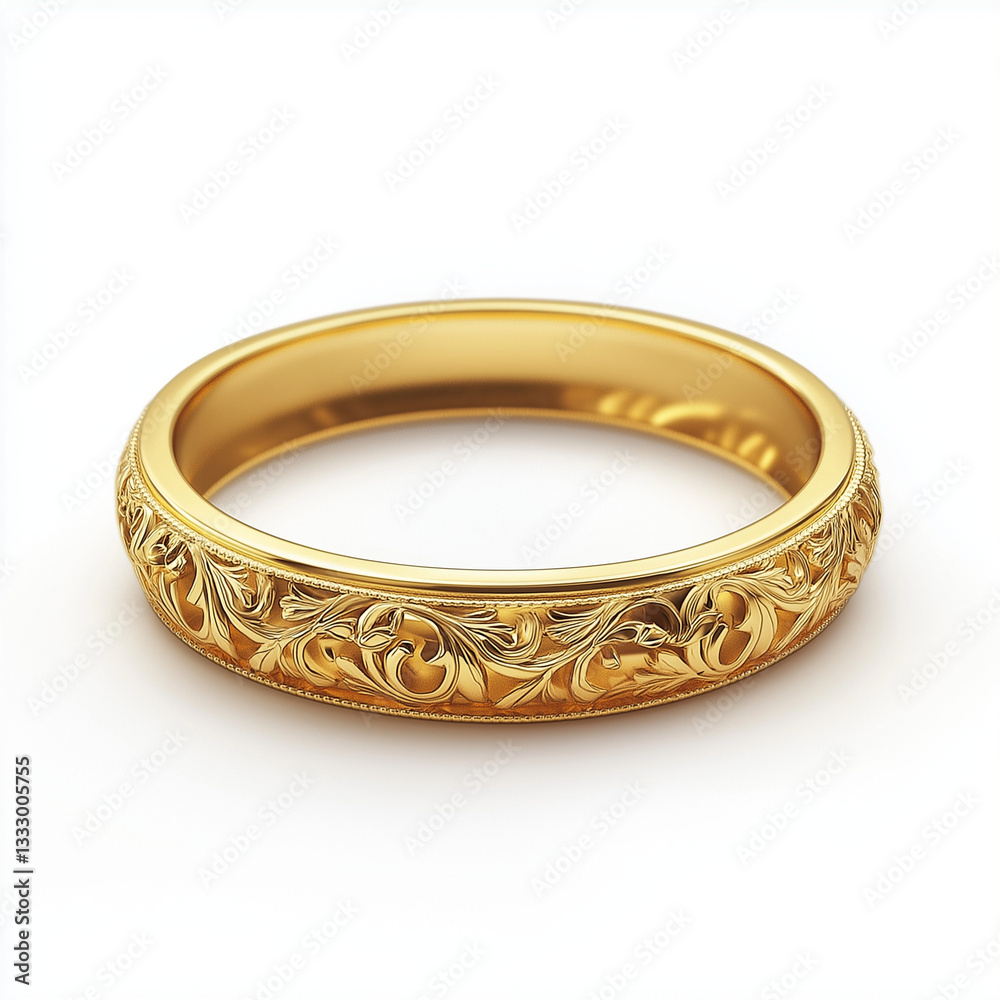 A gold band adorned with intricate carvings, displayed simply to accentuate its detailed artistry and classic appeal. A gold band adorned with intricate carvings, displayed simply to accentuate its detailed artistry and classic appeal.