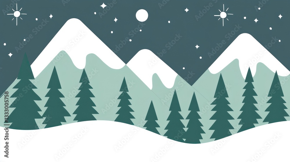 Obraz premium Snowy mountain night, winter forest, stars, design