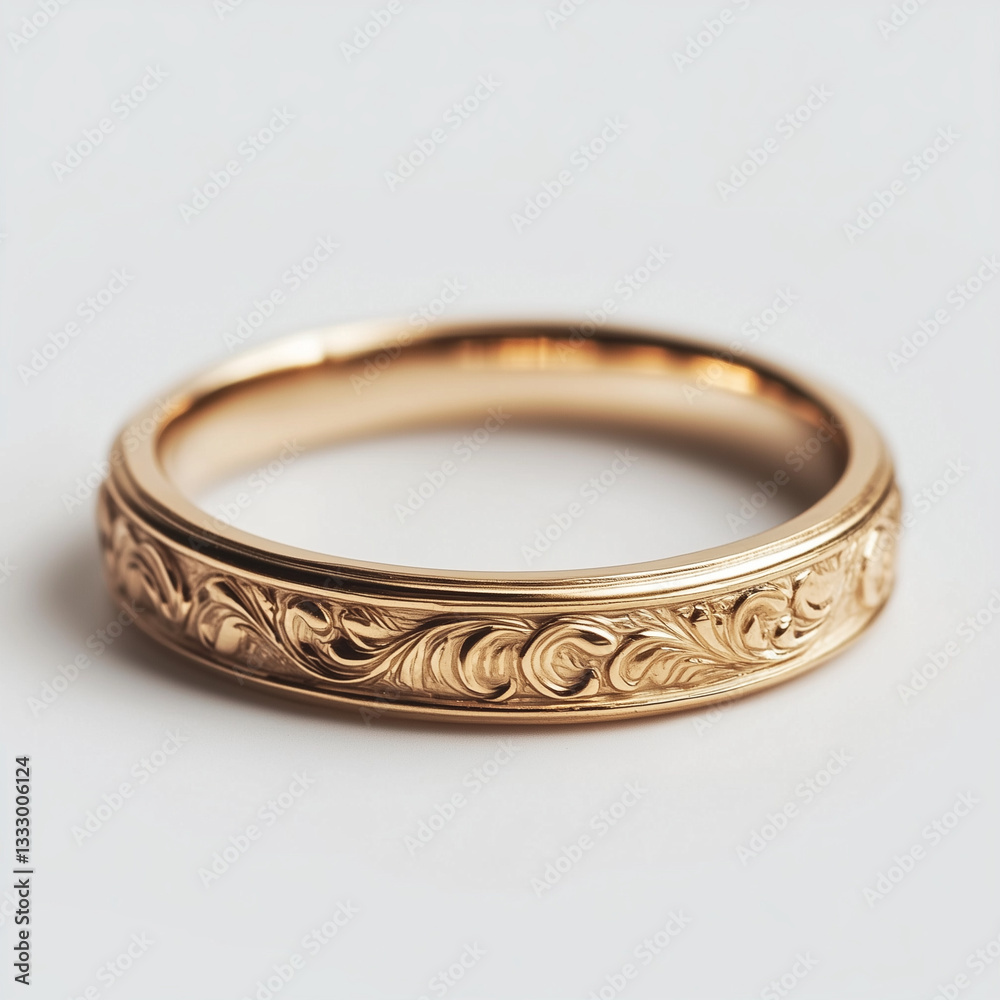 Gold ring with a delicate engraving on its band, exuding intricate craftsmanship and refined luxury Gold ring with a delicate engraving on its band, exuding intricate craftsmanship and refined luxury