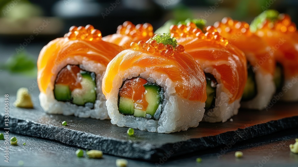Fresh salmon sushi rolls, topped with tobiko, served on a slate plate. A close-up view highlights the vibrant colors and textures of the dish Fresh salmon sushi rolls, topped with tobiko, served on a slate plate. A close-up view highlights the vibrant colors and textures of the dish