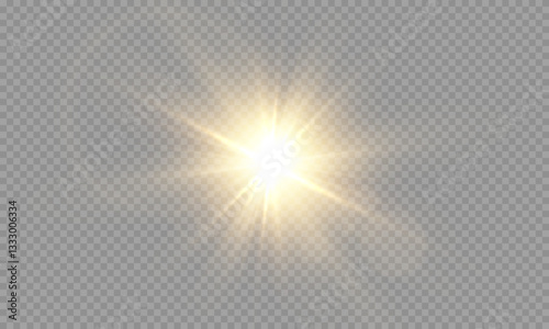 Sunlight bright golden flash of light on transparent background with rays and glare and rainbow, Vector graphics.