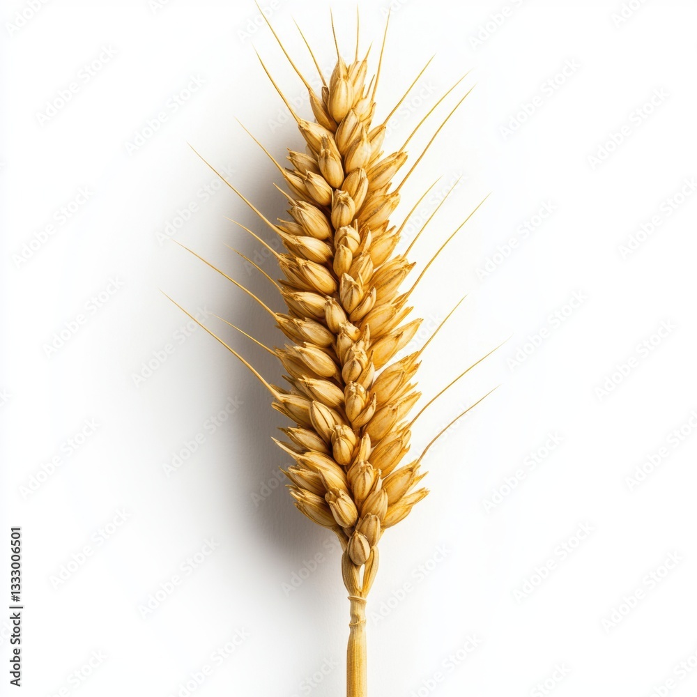 Close-Up of Golden Wheat Spike Against Plain White Background