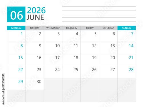 Calendar 2026 template vector, June 2026 template, week start on Monday, Desk calendar 2026 year, Business calendar in a minimalist, simple planner, Corporate planner template, print media design