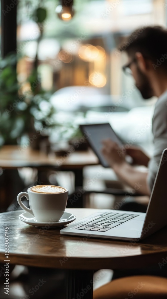 Fototapeta premium Man working at cafe with coffee laptop tablet.