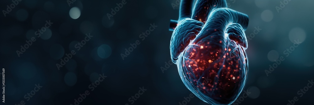 A stunning visual of a translucent human heart glowing with vibrant energy particles, representing life, vitality, and the heart's essential role in human existence.