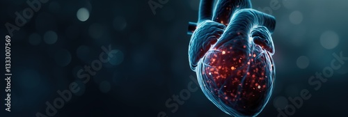 Obraz na płótnie A stunning visual of a translucent human heart glowing with vibrant energy particles, representing life, vitality, and the heart's essential role in human existence. w salonie