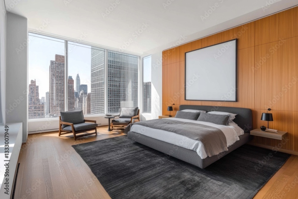 Fototapeta premium A modern bedroom showcases a cityscape view from a high rise apartment