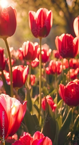 Vibrant red tulips basking in sunlight against a lush garden backdrop during a warm afternoon 4K vertical