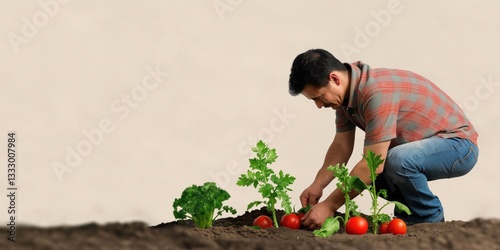 Obraz na płótnie A dedicated gardener is observed cultivating fresh vegetables, representing the connection to nature, sustainability, and the revitalizing benefits of home gardening in today’s lifestyle. w salonie
