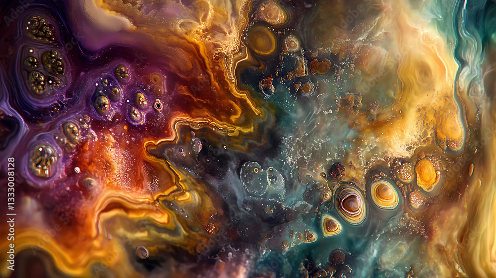Golden teacher mushroom macro photography: psychedelic cosmic art. Cosmic Mycelium. Illustration Golden teacher mushroom macro photography: psychedelic cosmic art. Cosmic Mycelium. Illustration
