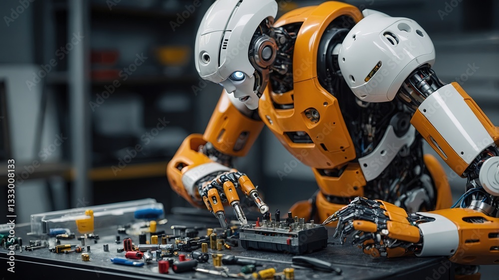 Robot humanoide ensamblando circuitos electrónicos en un laboratorio tecnológico avanzado Robot humanoide ensamblando circuitos electrónicos en un laboratorio tecnológico avanzado