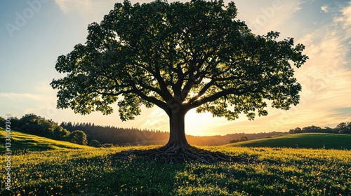 Wallpaper Mural Scenic Vista: Majestic Tree Standing Tall in a Green Field at Sunset Torontodigital.ca