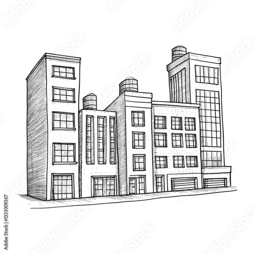 Hand-Drawn Urban Cityscape with Tall Buildings