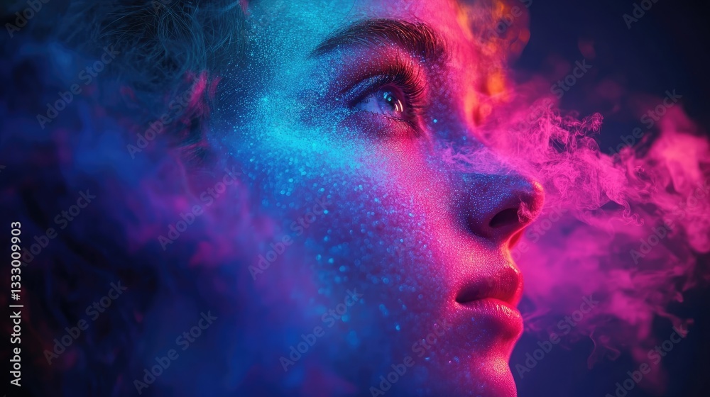 Fototapeta premium Emotive Portrait with Neon Lights: Mesmerizing Woman Surrounded by Colorful Smoke