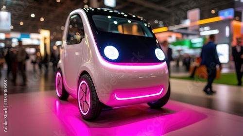 Futuristic Electric Mini Car Displayed at Modern Auto Show with Neon Lights
