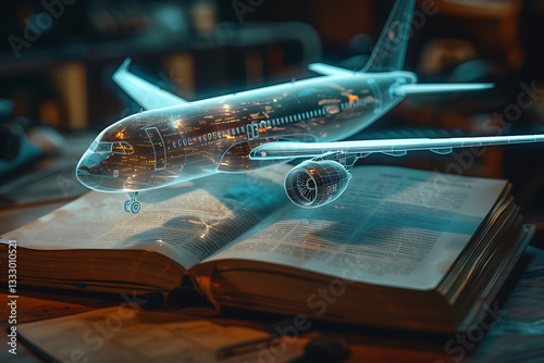 knowledge and innovation, a semi-transparent airplane model emerges from an open book, symbolizing the convergence of knowledge and advanced technology